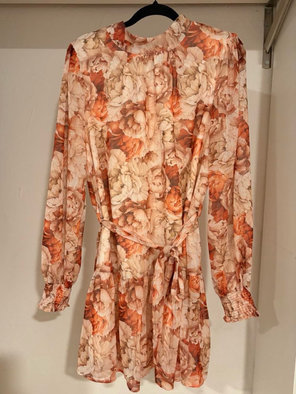 Floral Long-Sleeve Tie-Waist Mini Dress by Umgee - Cream & Orange